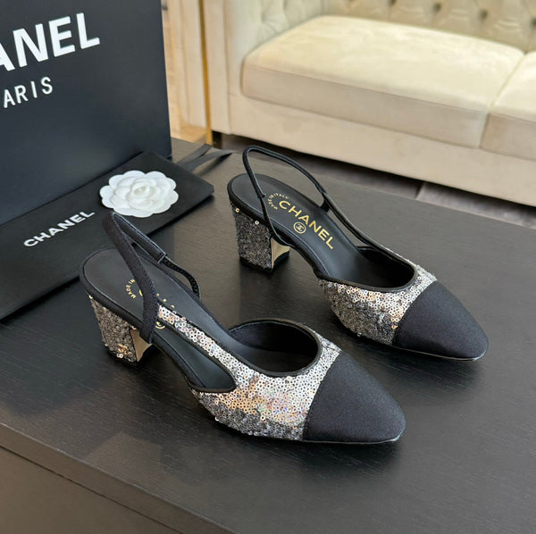 slingback 65 in vitello nero grosgrain paillettes argento