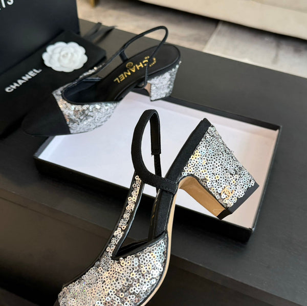 slingback 65 in vitello nero grosgrain paillettes argento