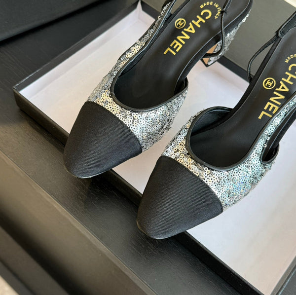 slingback 65 in vitello nero grosgrain paillettes argento