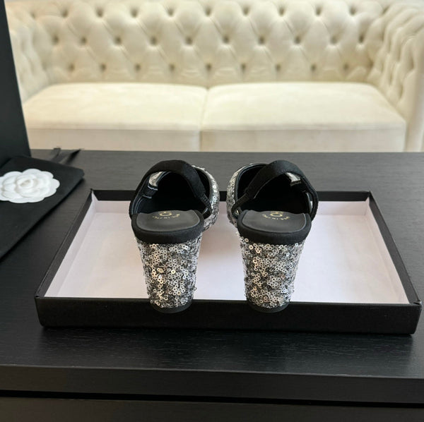 slingback 65 in vitello nero grosgrain paillettes argento