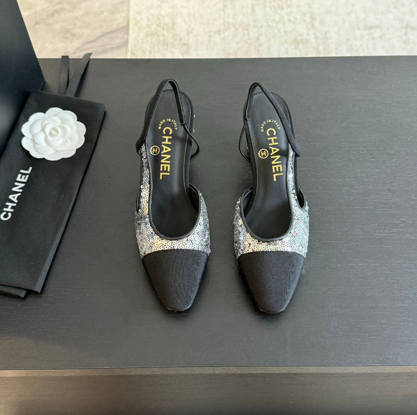 slingback 65 in vitello nero grosgrain paillettes argento