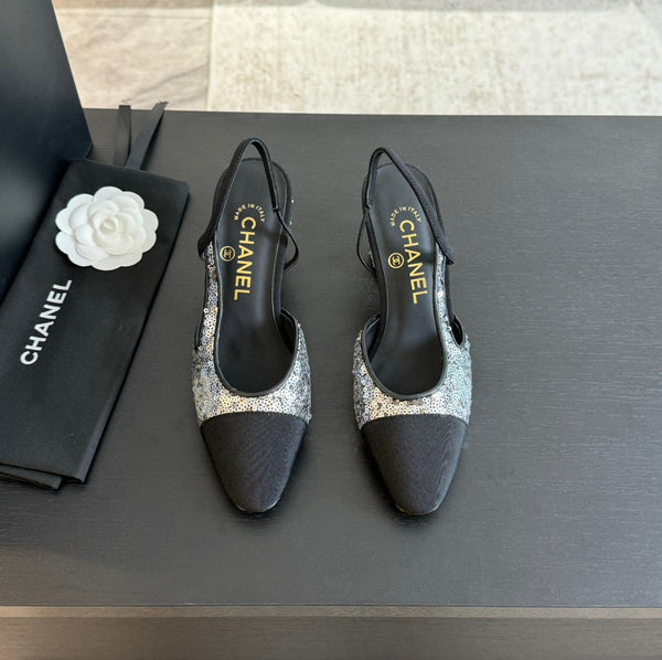 slingback 65 in vitello nero grosgrain paillettes argento
