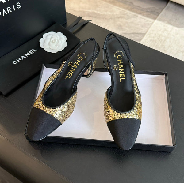 slingback 65 in vitello nero grosgrain paillettes dorate