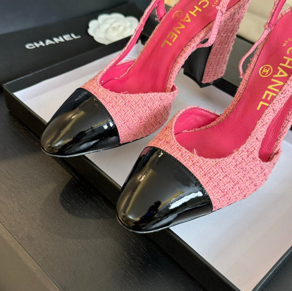 slingback 95 in tweed rosa e pelle di vitello verniciata nera
