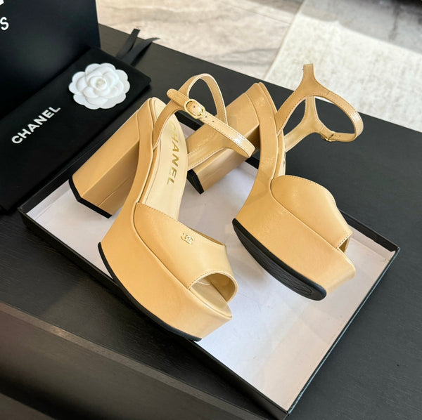 HIGH HEEL PLATFORM SANDALS IN SAND YELLOW CALFSKIN