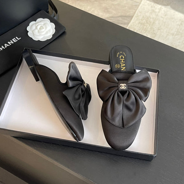 SANDALI BASSI BIG BOW IN SETA NERA