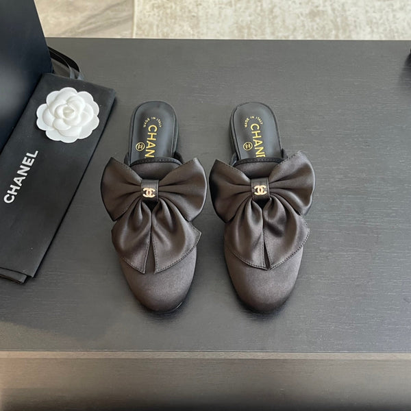 SANDALI BASSI BIG BOW IN SETA NERA