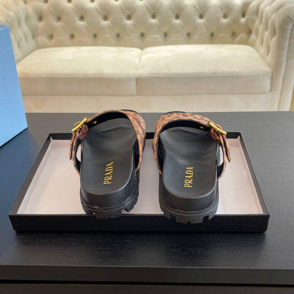 SANDALI PRA SLIDES IN VELLUTO NERO E MOTIVO LEOPARDATO