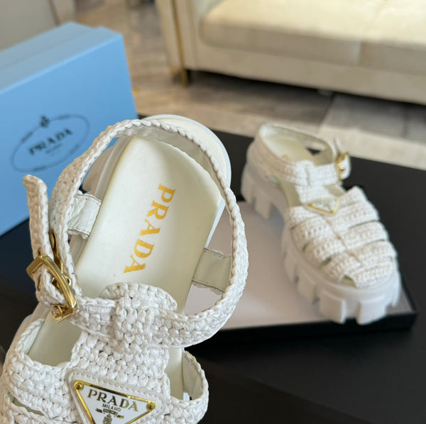 SANDALI A GABBIA IN PELLE DI AGNELLO BIANCA CON CROCHET MONOLITH PRA