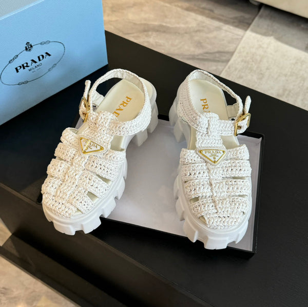 SANDALI A GABBIA IN PELLE DI AGNELLO BIANCA CON CROCHET MONOLITH PRA