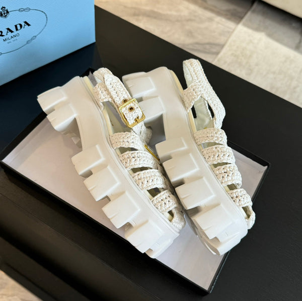 SANDALI A GABBIA IN PELLE DI AGNELLO BIANCA CON CROCHET MONOLITH PRA