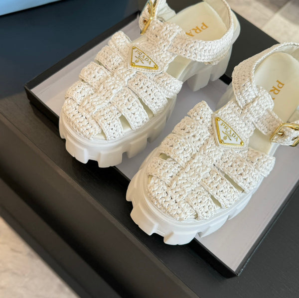 SANDALI A GABBIA IN PELLE DI AGNELLO BIANCA CON CROCHET MONOLITH PRA