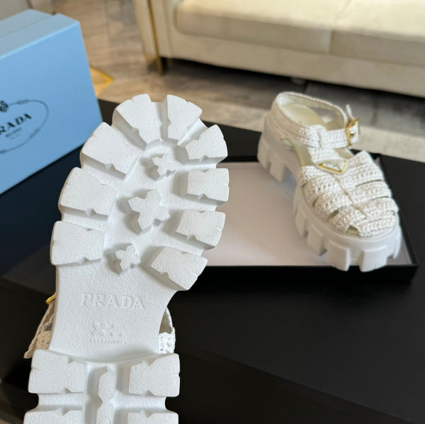 SANDALI A GABBIA IN PELLE DI AGNELLO BIANCA CON CROCHET MONOLITH PRA