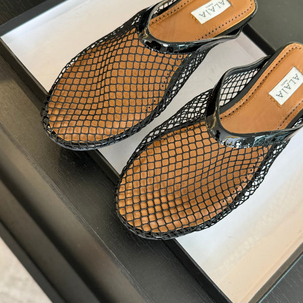 flat mule fishnet black lambskin