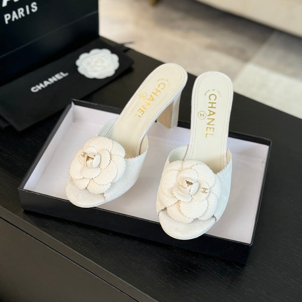 mule sandal flower high heel 80 white suede