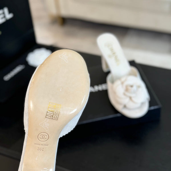 mule sandal flower high heel 80 white suede