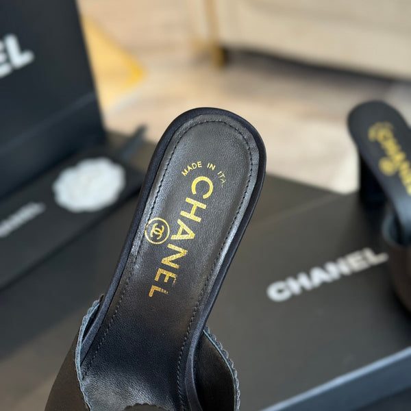 mule sandal flower high heel 80 black satin