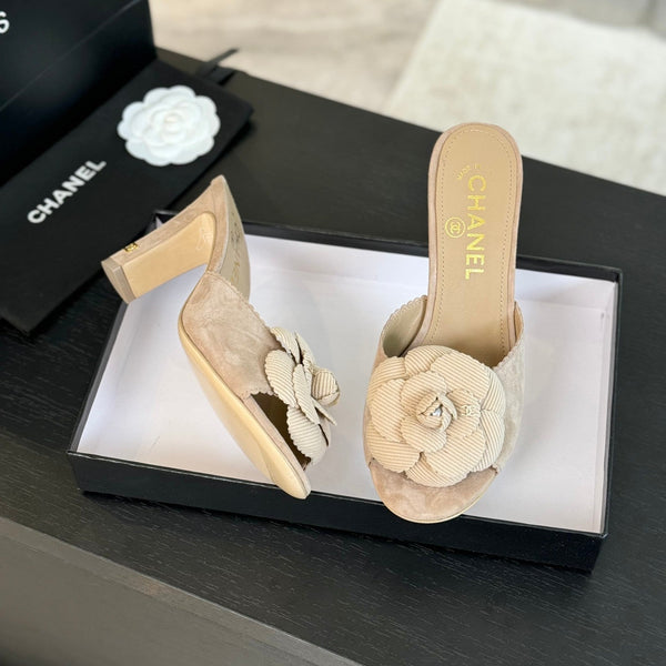 mule sandal flower high heel 80 beige suede