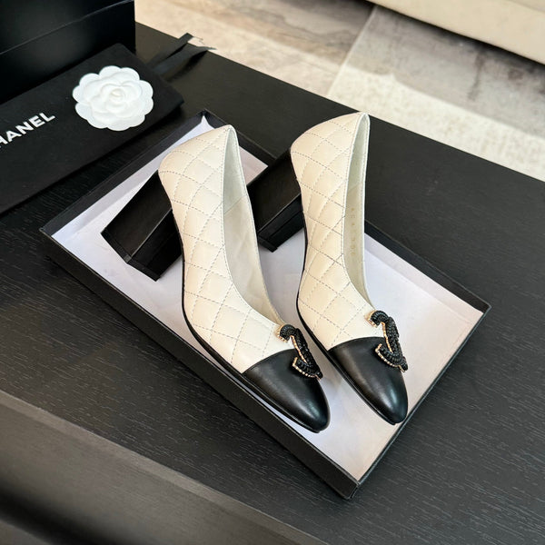 ballet flat with high heel 7cm white black quilted lambskin