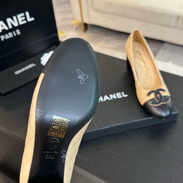 ballet flat with high heel 7cm beige black quilted lambskin