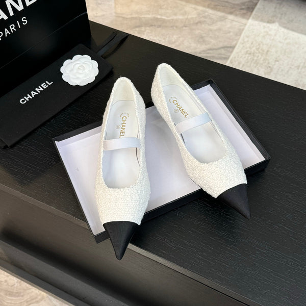 mary jane 35 pointed toe white tweed black grosgrain