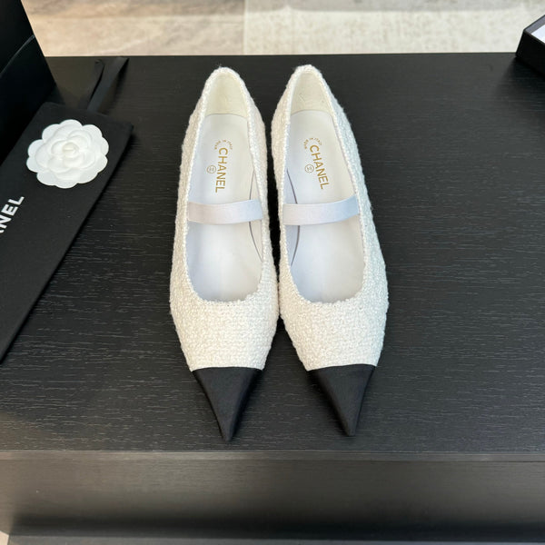 mary jane 35 pointed toe white tweed black grosgrain