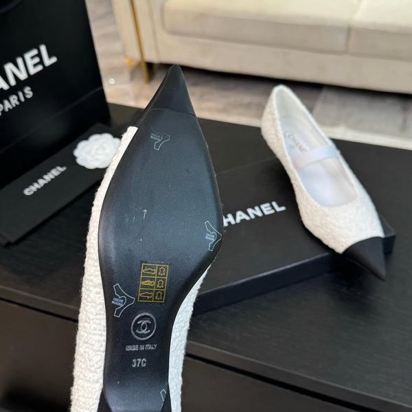 mary jane 35 pointed toe white tweed black grosgrain