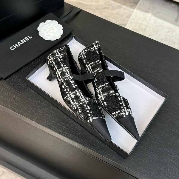 mary jane 35 pointed toe black white tweed sequin