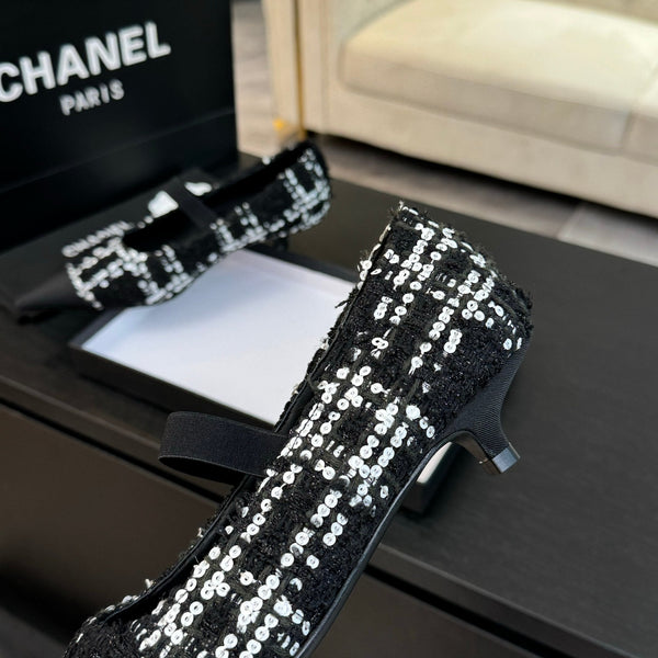 mary jane 35 pointed toe black white tweed sequin