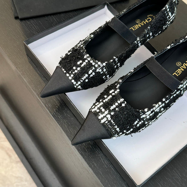 mary jane 35 pointed toe black white tweed sequin