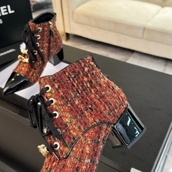 CC Ankle Boots Orange Red Beaded Tweed Fabric And Lambskin