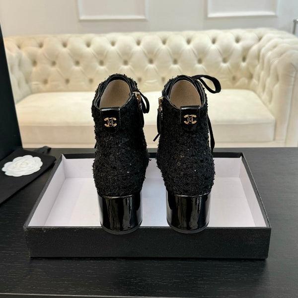 CC Ankle Boots Black Beaded Tweed Fabric And Lambskin