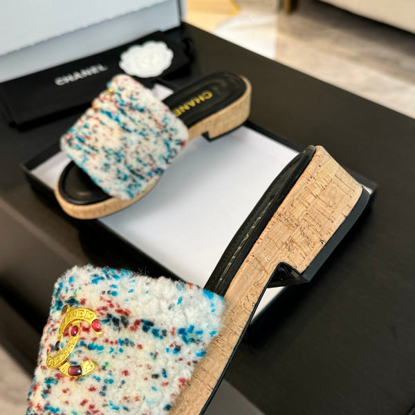 CC Slippers White Black And Blue Red Wool And Calfskin