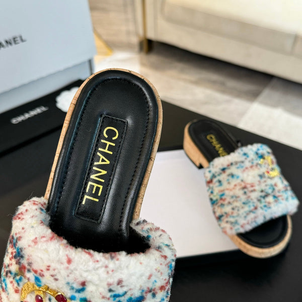 CC Slippers White Black And Blue Red Wool And Calfskin