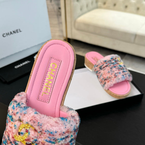 CC Slippers Pink Mix Blue Red Wool And Calfskin