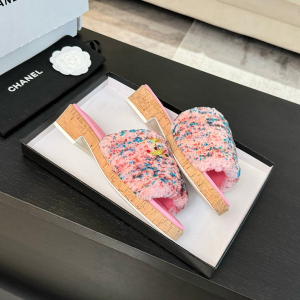 CC Slippers Pink Mix Blue Red Wool And Calfskin