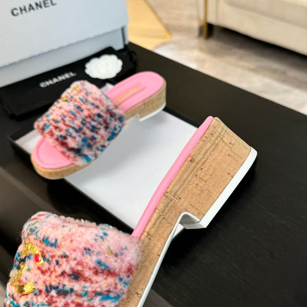 CC Slippers Pink Mix Blue Red Wool And Calfskin