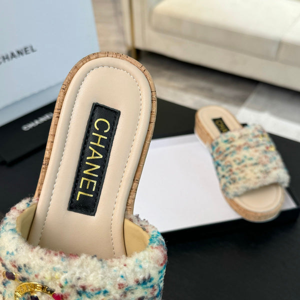 CC Slippers Beige Mix Blue Red Wool And Calfskin