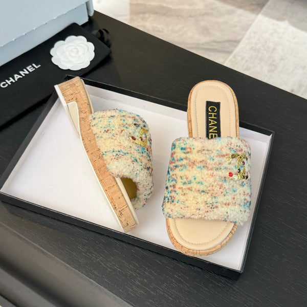 CC Slippers Beige Mix Blue Red Wool And Calfskin