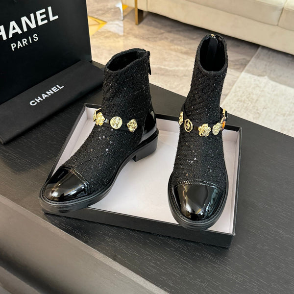 CC Short boots Black Cowhide Mix Tweed Fabric