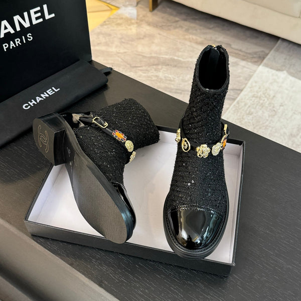 CC Short boots Black Cowhide Mix Tweed Fabric