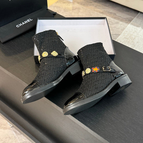 CC Short boots Black Cowhide Mix Tweed Fabric