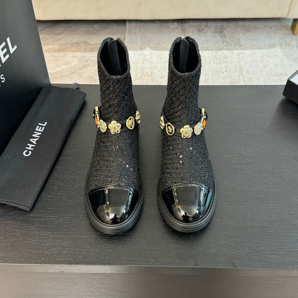 CC Short boots Black Cowhide Mix Tweed Fabric