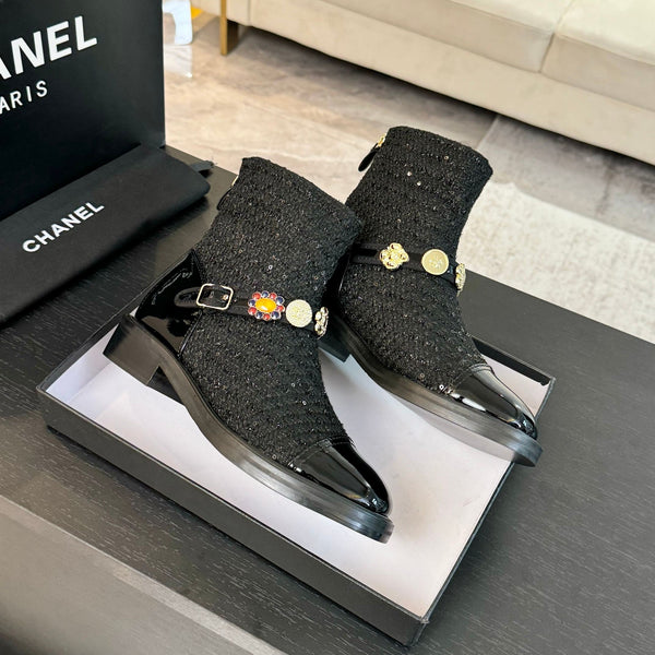 CC Short boots Black Cowhide Mix Tweed Fabric