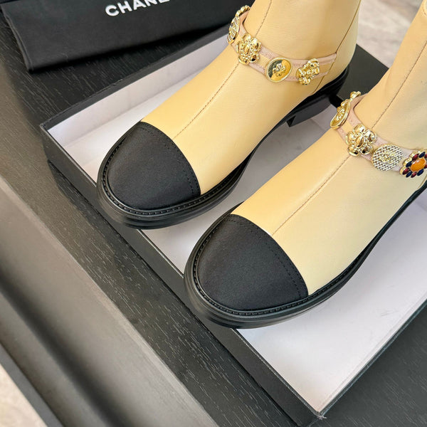 CC Short boots Beige Cowhide Mix Fabric Denim