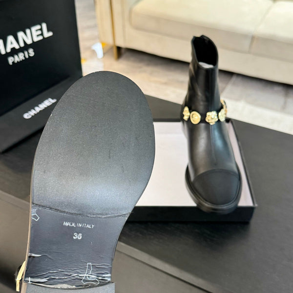 CC Short boots Black Cowhide Mix Fabric Denim