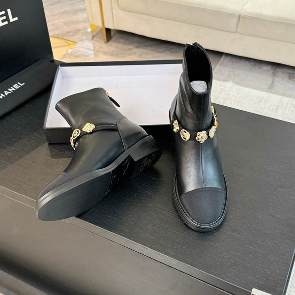 CC Short boots Black Cowhide Mix Fabric Denim