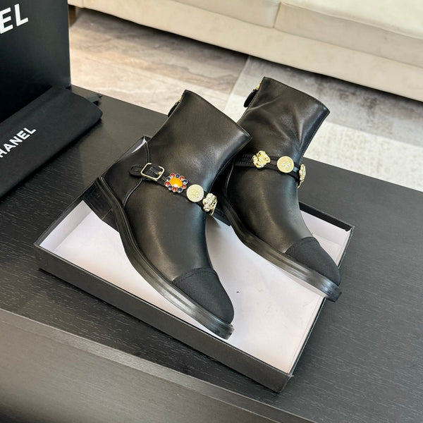 CC Short boots Black Cowhide Mix Fabric Denim