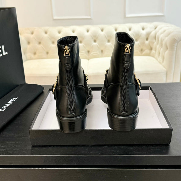 CC Short boots Black Cowhide Mix Fabric Denim