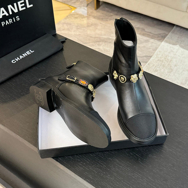 CC Short boots Black Cowhide Mix Fabric Denim